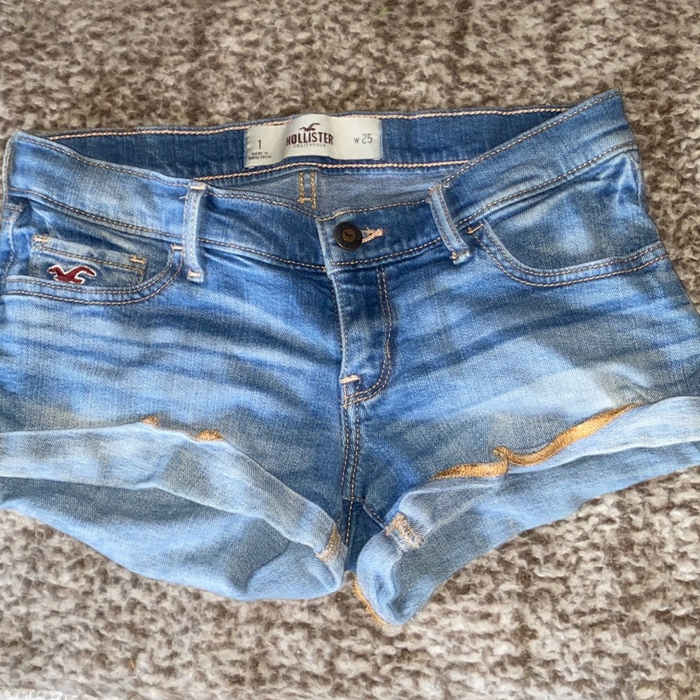 Light blue Hollister booty shorts.
